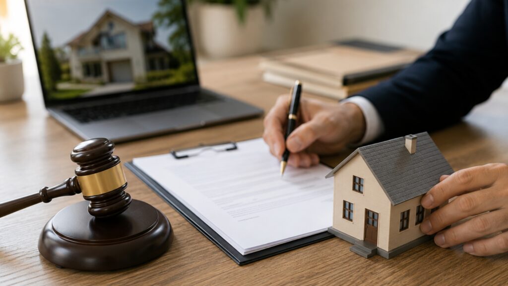 Persona analizando una vivienda en subasta y revisando documentación inmobiliaria antes de comprar