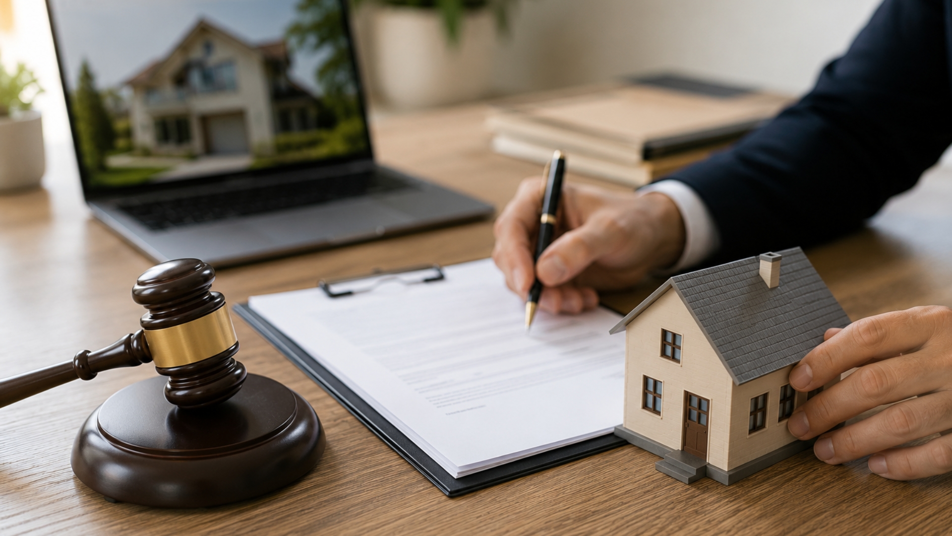 Persona analizando una vivienda en subasta y revisando documentación inmobiliaria antes de comprar