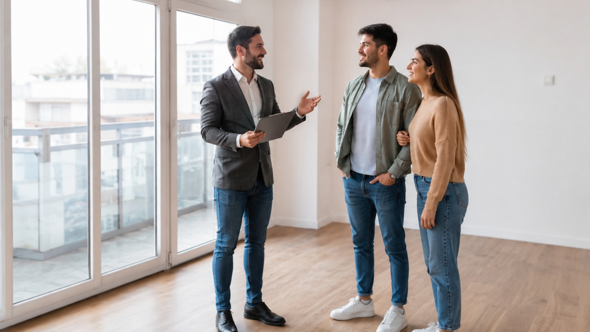 Pareja joven visitando una vivienda con un asesor inmobiliario tras conocerse los nuevos préstamos públicos para comprar vivienda en Castilla-La Mancha