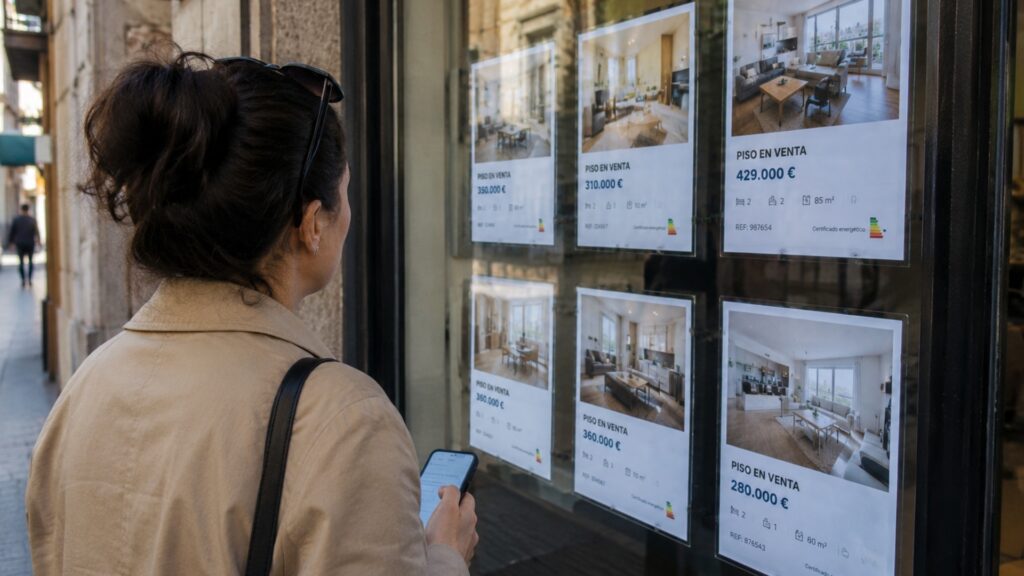 Propietaria consultando el valor de una vivienda desde su móvil mientras compara inmuebles en el escaparate de una inmobiliaria antes de vender su casa.